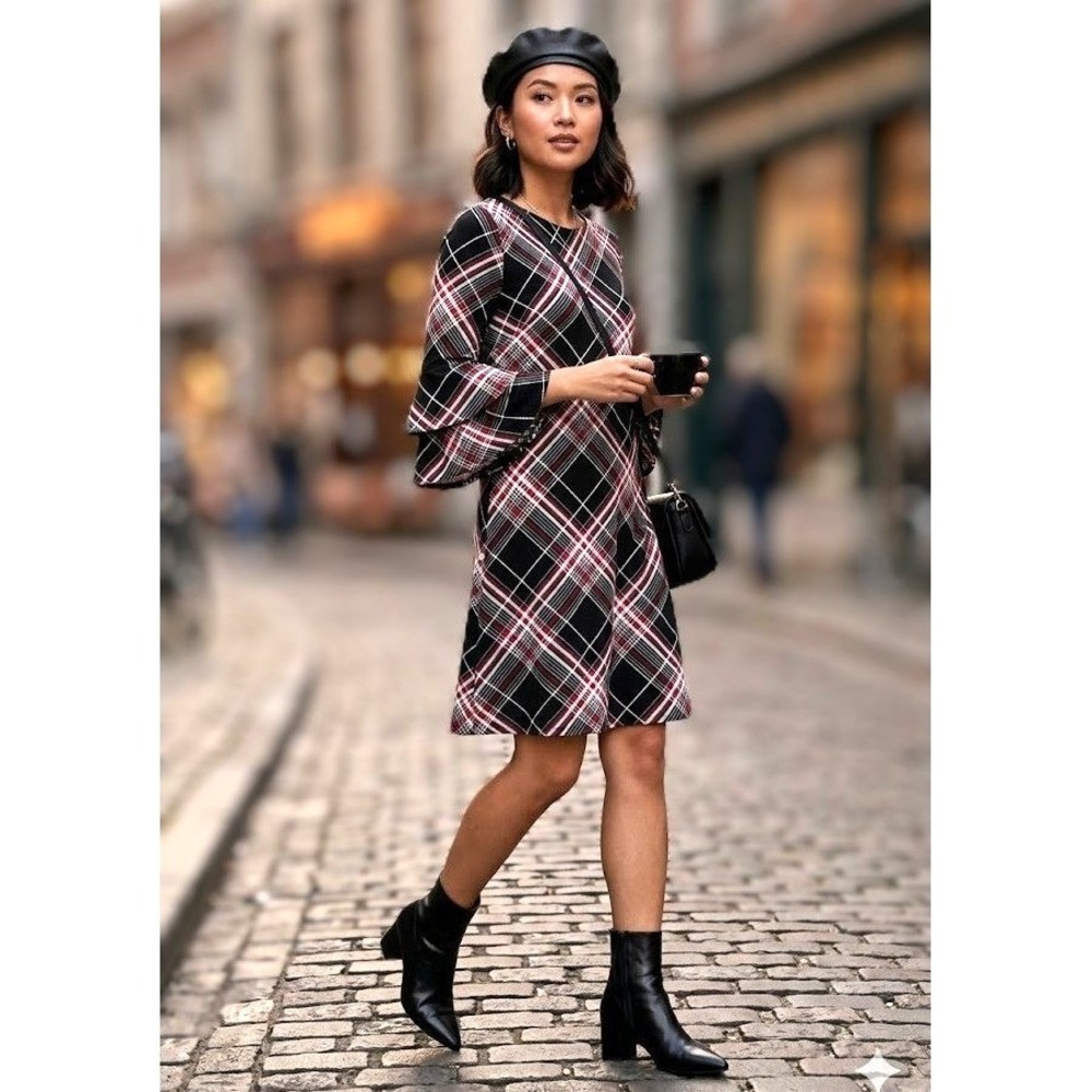 Leslie Fay Women Sz 4 Plaid Mod 70's Inspo Corp Chic Bell Sleeve Dress Phoebe